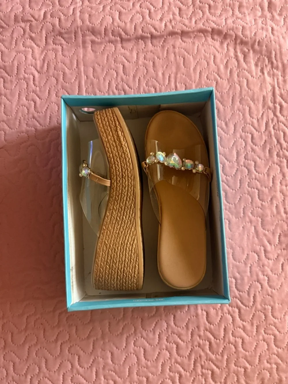 Tan Wedge Sandals with Iridescent Gem Accents